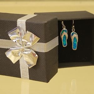 Beautiful New Blue Opal Flip Flop Sterling Silver Earrings